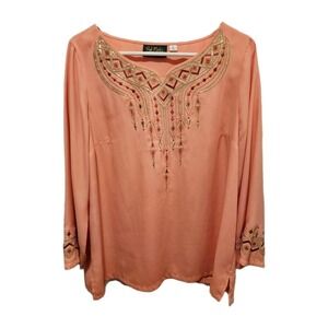 Bob Mackie Coral Flowy Tunic Embroidered with Sequin Detail & Side Slits Sz Med